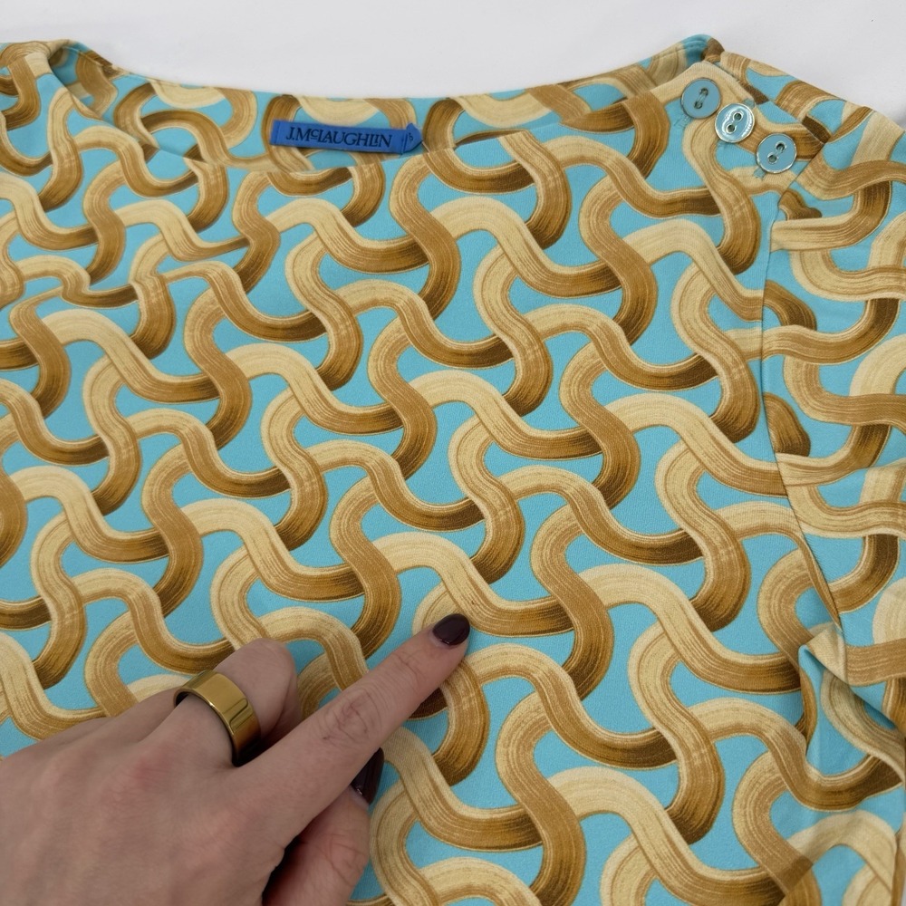 J.McLaughlin XS Catalina Cloth Top Wavesong 3/4 Sleeve Button Shoulder Aqua Gold - Picture 9 of 9